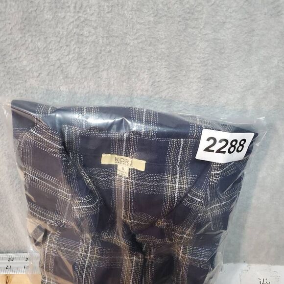 Kori America Flannel Womens Small Blue Tan Plaid Button Down Shirt Top - Picture 8 of 8